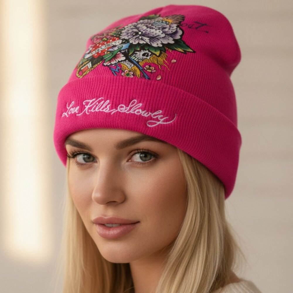 Ed‎ Hardy Love Kills Slowly Fuchsia Beanie One Size 164342